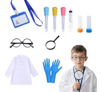 Set di 12 costumi da scienziato per bambini, costume da medico, camice da laboratorio per bambini, set da gioco di ruolo per ragazzi e ragazze, carta d'identità, contagocce liquido, occhiali, lenti di