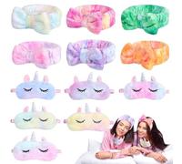 Set di 12 fasce per capelli con fiocco e coperture per occhi a forma di animale, in morbido peluche, per lavare gli occhi e per il lavaggio del viso, per pigiama da donna, per pigiama e feste spa