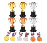 Set di 12 mini coppe e medaglie, trofei dorati in plastica | Medaglie a forma di coppa per compleanno dei bambini, concorsi sportivi, eventi scolastici e vincitori (oro