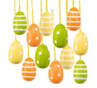 Set di 12 ovetti pasquali in legno da appendere, 3 cm: decorazioni retrò in verde, arancione e giallo con pois e righe, per albero di Pasqua, fiori e regali