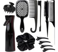 Set di 12 pennelli per lo styling - spazzole districanti, stuzzicanti, coda di topo, bordi e spazzole per bambini, per donne e ragazze, di qualità professionale, nero