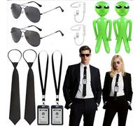 Set di 12 pezzi di accessori per il costume da agente segreto, cravatta, oggetti di scena gonfiabili, accessori per il costume da spia con occhiali da sole, portacarte alieno verde, auricolare finto,