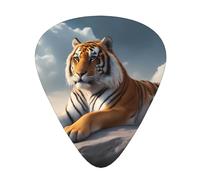 Set di 12 plettri per chitarra, comodi da tenere in mano, con bordi lisci, tre spessori da abbinare a Majestic Tiger che riposa su una roccia con motivo cielo nuvoloso