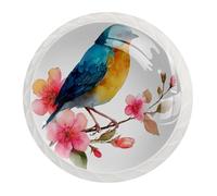Set di 12 pomelli rotondi per cassetti e cassettiere con grazioso uccello su ramo floreale, con viti, decorazione per casa, ufficio, cameretta