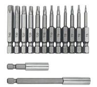 Set di 12 punte per cacciavite a testa Torx + 2 misure di estensione per punte da trapano magnetiche, codolo esagonale S2 da 1/4", kit di cacciaviti a prova di manomissione, 6 punte a stella T5-T40 da