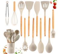Set di 12 Utensili Cucina In Silicone Con Porta Utensili, Antiaderente Con Manico In Legno, Pentole e Attrezzi da Cucina