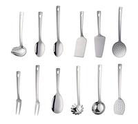 Set di 12 utensili da cucina, in acciaio inox placcato argento titanio con forchetta/cucchiaio, pala per torte, spatola, mestoli, cucchiaio solido, cucchiaio scanalato, paletta per pasta, gadget da
