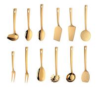 Set di 12 utensili da cucina, in acciaio inox placcato in titanio dorato con forchetta/cucchiaio, pala per torte, spatola, mestoli, cucchiaio solido, cucchiaio scanalato, paletta per pasta, gadget da