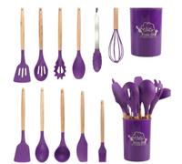 Set di 12 utensili da cucina in silicone con manico in legno, set completo di pentole, resistenti e durevoli (viola)