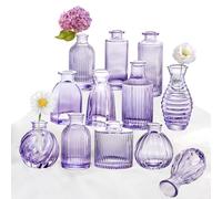 Set di 12 vasi monofiore in vetro rigato viola, piccoli, moderni, vintage, adatti come decorazioni e centrotavola per matrimoni, per addii al nubilato, per la tavola e per la casa