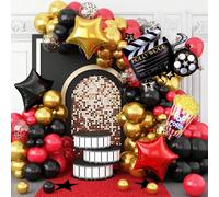 Set di 123 palloncini per decorazione arco di ghirlande per evento di cinema, palloncini rossi, neri e dorati con motivi di macchina fotografica, appunti, stelle, popcorn e bobine di film, ideale per 