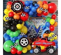 Set di 129 palloncini a tema Monster Truck, include palloncini in foil a forma di camion e pneumatici, oltre a palloncini in lattice di vari colori. Perfetto per feste di compleanno, baby shower, deco