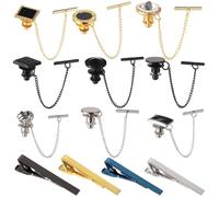 Set di 13 fermacravatta e clip da uomo, stile T, design misto, metallo lucido, oro, argento, nero, blu