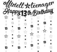 Set di 13 striscioni di compleanno - 10 pezzi nero argento ufficiali 13 adolescenti Happy 13th Birthday Banner ghirlanda e glitter decorazione da appendere per feste per adolescenti ragazzo 13°