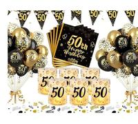 Set di 133 decorazioni di compleanno in oro, 20 tovaglioli "Happy Birthday", 12 lanterne antivento, 100 coriandoli, 1 tovaglia 180 x 33 cm, elegante decorazione da tavolo ecologica per compleanno