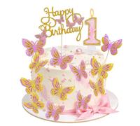 Set di 14 decorazioni per torte con farfalle 3D e candele di compleanno con | Decorazione per torta di compleanno, con farfalle e scritta "Happy Birthday", per bambine, per il primo compleanno