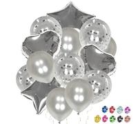 Set di 14 palloncini di compleanno color argento, con stelle e cuori in alluminio da 45 cm e coriandoli e palloncini metallizzati semplici da 30 cm, per decorazioni di compleanno, comunione e feste.