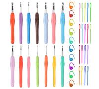 Set di 14 uncinetti ergonomici, set di 14 ganci in metallo, con manici colorati per principianti, accessori per uncinetto (da 2 mm a 10 mm), con 100 aghi in plastica, 20 ferri da maglia