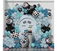 Set di 148 palloncini ad arco a tema macchine da corsa, palloncini in lattice blu oceano e neri, decorazione per festa di compleanno a tema corse Tagli Unica,2 pneumaticiAlluminio