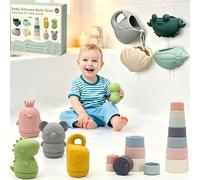 Set di 15 giocattoli da bagno per bambini, per versare e giocare, giocattoli per vasca da bagno con ventose, giocattoli impilabili, in silicone antimuffa, giocattoli sensoriali per vasca da bagno per