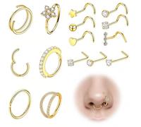 Set di 15 piercing da naso sottili a forma di L, in acciaio chirurgico ipoallergenico, con stella, cuore, fiore, zirconia cubica, multiuso, per naso, labbra, cartilagine, orecchio, donne e uomini