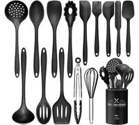 Set di 15 utensili da cucina in silicone con supporto per utensili, set di posate da cucina resistenti al calore, lavabili in lavastoviglie, antiaderenti (nero)