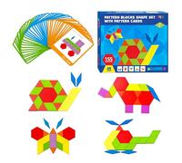 Set di 155 blocchi di legno a motivi, 24 schede di progettazione a doppia faccia (48 motivi) per puzzle di forme geometriche, divertenti giocattoli di apprendimento Montessori Tangram per bambini