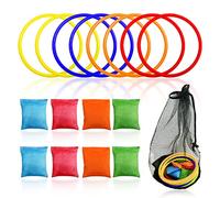 Set di 16 giocattoli da lancio con 1 borsa a rete nera, set di anelli di lancio di pouf colorati, giochi di lancio per bambini per festa di compleanno, attività indoor ed all'aperto