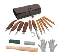 Set di 16 utensili da intaglio in legno, modello professionale, con 11 coltelli, custodia in pelle, pietra affilatrice e accessori di sicurezza (guanti antitaglio + carta lucidata), per principianti e