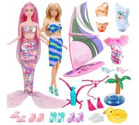 Set di 16 vestiti e accessori per bambole compatibili con Barbie Mermaid a tema abito con paillettes 4 set costumi da bagno barca a vela tavola da surf kit immersione 5 scarpe 2 anello da nuoto 2