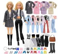 Set di 16 vestiti per bambole Barbie, 3 cappotti a quadri eleganti, 2 abiti da festa, 1 pantaloni corto, 1 borsa, 1 accessorio per collo, 2 occhiali, 1 stivale