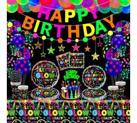 Set di 162 pezzi di stoviglie luminose per feste di compleanno, accessori luminosi al neon per feste, decorazioni tra cui piatti, striscioni, palloncini, tovaglioli, tovaglie, tema: