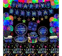 Set di 170 pezzi Let's Glow Neon Party Supplies Glow Party Tableware Set di palloncini al neon Glow in the Dark Banner di compleanno appeso stelle per Blacklight Party Decoration Serve 20 pezzi