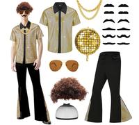 Set di 18 costumi da discoteca, hippie da uomo, con pantaloni svasati, maglietta Wig Wig Headgear Fake Beard Gold-rimmed Glasses Gold Necklace Inflatable Disco Balloon for Carnival Halloween