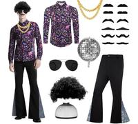 Set di 18 costumi da discoteca, hippie da uomo, con pantaloni svasati, maglietta Wig Wig Headgear Fake Beard Gold-rimmed Glasses Gold Necklace Inflatable Disco Balloon for Carnival Halloween