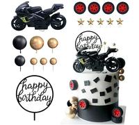 Set di 18 decorazioni realistiche per torta a forma di moto, decorazioni per il compleanno di un ragazzo, decorazioni per torte con scritta "Happy Birthday", feste a tema moto fuoristrada, ruote e