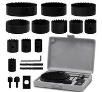 Set di 18 seghe a tazza Ø 19 mm - 127 mm con chiave esagonale, aste, piastra di montaggio e trapano, set di seghe a tazza, per foratura precisa di fori in legno, pannelli in PVC, piastra di plastica