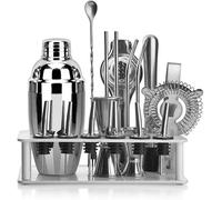 Set di 19 shaker per cocktail con supporto in bambù, regalo per uomini, papà, nonno, kit da barista in acciaio inox, set di strumenti da bar, casa, bar, feste e viaggi