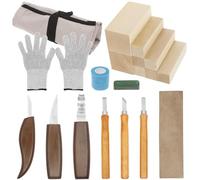 Set di 19 utensili da intaglio in legno, per principianti, con 6 coltelli da intaglio, 8 blocchi di legno di tiglio, borsa arrotolabile, pietra abrasiva, pelle, guanti, set di utensili da intaglio