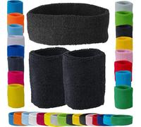 Set di 1x Fascetta Testa + Coppia di 2x Polsini Tennis in Spugna per Uomo Donna Bambini da Polso Fascia Capelli Traspirante Parasudore Sudore Assorbente Myrtle Beach (NERO)