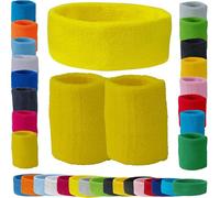 Set di 1x Fascetta Testa + Coppia di 2x Polsini Tennis in Spugna per Uomo Donna Bambini da Polso Fascia Capelli Traspirante Parasudore Sudore Assorbente Myrtle Beach (GIALLO ACCESO)