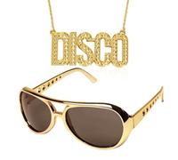 Set di 2 accessori hippie, catena in oro da discoteca e occhiali da festa, accessori da uomo anni '70 '80 '90, hip hop, costume Elvis, occhiali da sole da uomo, per Halloween, carnevale, tema feste