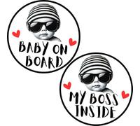 Set di 2 adesivi divertenti per auto "Baby on Board" + "My Boss Inside", cartelli di sicurezza in vinile per finestrini o paraurti, non sono necessari magneti o ventose