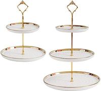 Set di 2 alzate rotonde in porcellana per cupcake a più livelli, piatti da dessert con asta dorata, 3 livelli e 2 ripiani per torte, vassoi da portata per feste, frutta, pasticceria (bianco)