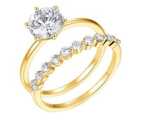 Set di 2 anelli dell'amicizia, da donna, con taglio rotondo, 1 ct, moissanite 9 K, in oro giallo 9 K, misura 53 (16,9)