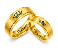 Set di 2 anelli per coppia con scritta "His Queen" e "Her King", in acciaio al titanio, per promessa di matrimonio, fidanzamento, per coppie (nero, oro), Metallo, Zirconie sintetico