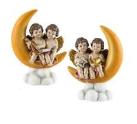 Set di 2 angeli seduti sulla luna in resina dipinta a mano, 9,5 x 12,5 cm