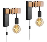 Set di 2 applique da parete con spina nera, E27, lampada da parete per camera da letto, comodino, casa colonica e lettura, con interruttore in legno moderno, con cavo a spina (coppia)