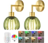 Set di 2 applique vintage per interni, lampada da parete senza fili con telecomando lampada da comodino retrò in metallo con paralume in vetro verde senza presa di corrente per camera da letto,A