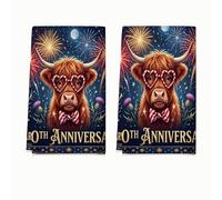 Set di 2 asciugamani da cucina con mucca delle Highland, fantasiosi fuochi d'artificio con cardo e cardo blu navy, in microfibra ad asciugatura rapida, decorazione per piano di lavoro, 40,6 x 61 cm